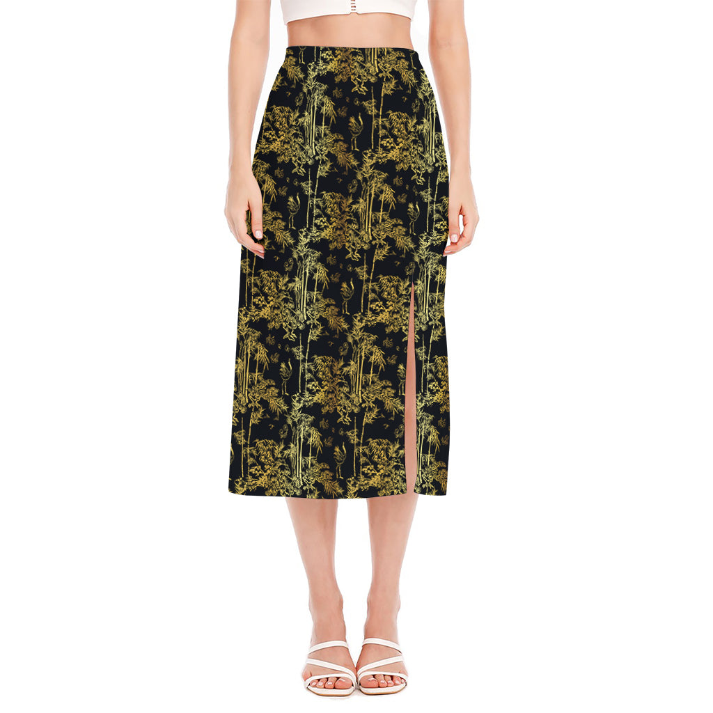 Gold And Black Japanese Bamboo Print Side Slit Midi Skirt