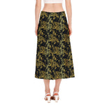 Gold And Black Japanese Bamboo Print Side Slit Midi Skirt