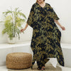 Gold And Black Japanese Bamboo Print Silk V-Neck Kaftan Dress