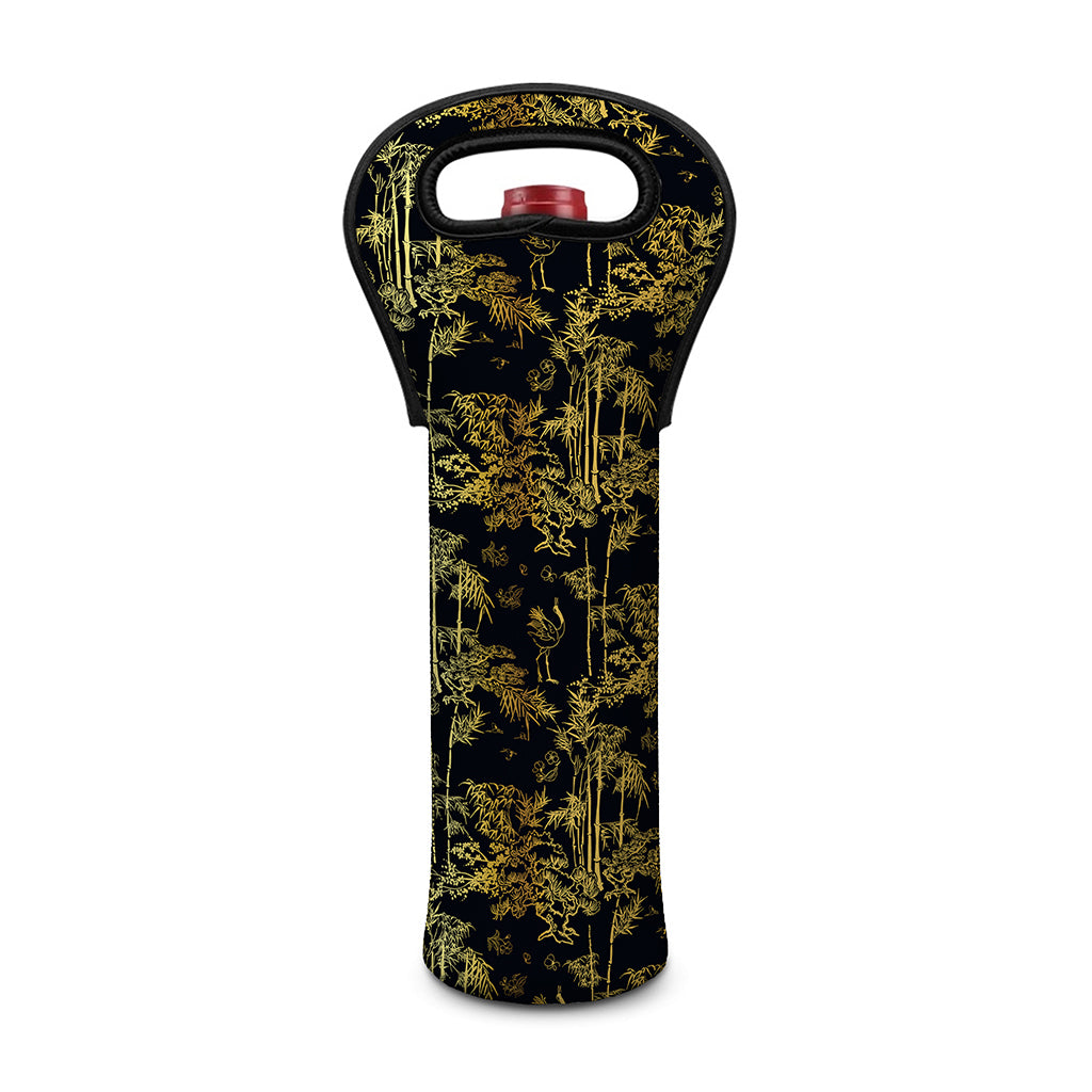 Gold And Black Japanese Bamboo Print Single Neoprene Wine Tote
