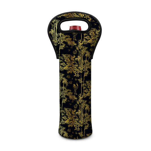 Gold And Black Japanese Bamboo Print Single Neoprene Wine Tote