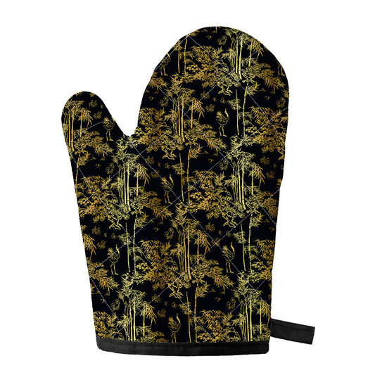 Gold And Black Japanese Bamboo Print Single Oven Mitt