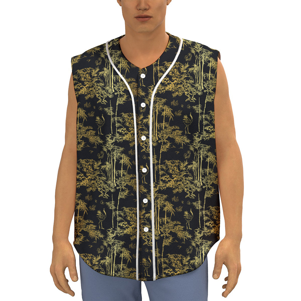 Gold And Black Japanese Bamboo Print Sleeveless Baseball Jersey