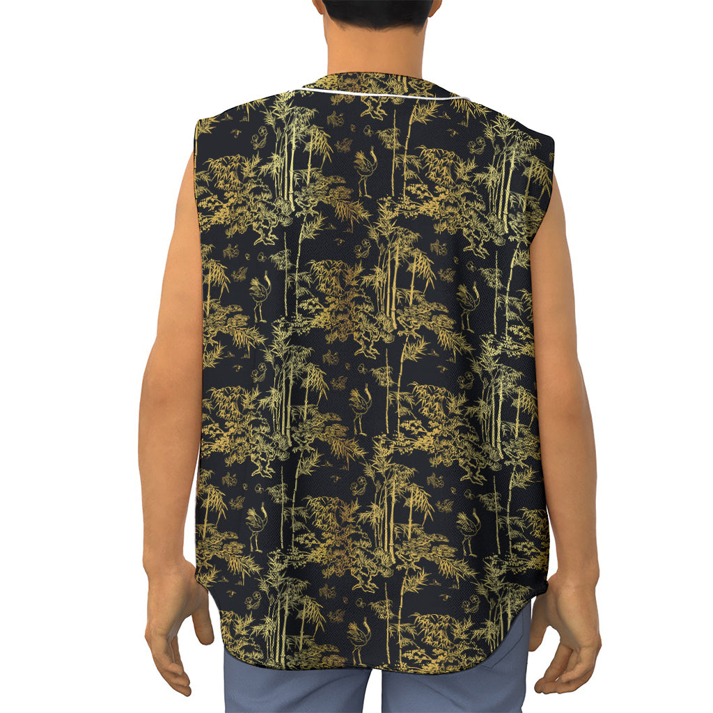 Gold And Black Japanese Bamboo Print Sleeveless Baseball Jersey