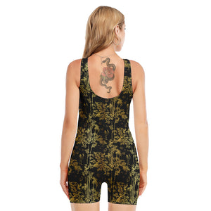 Gold And Black Japanese Bamboo Print Sleeveless One Piece Swimsuit