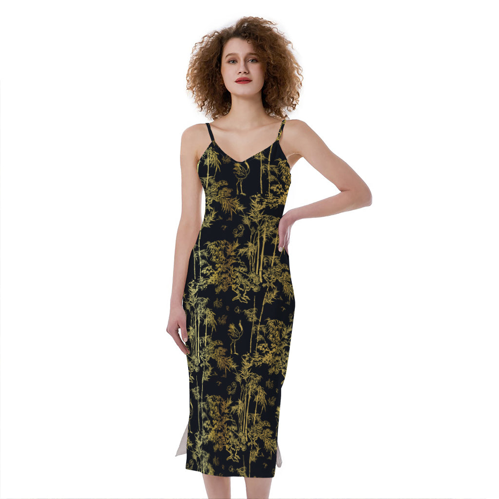 Gold And Black Japanese Bamboo Print Slim Fit Midi Cami Dress