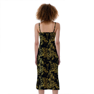 Gold And Black Japanese Bamboo Print Slim Fit Midi Cami Dress