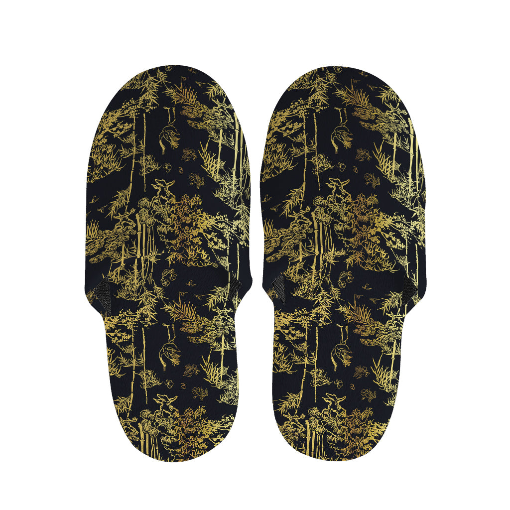 Gold And Black Japanese Bamboo Print Slippers