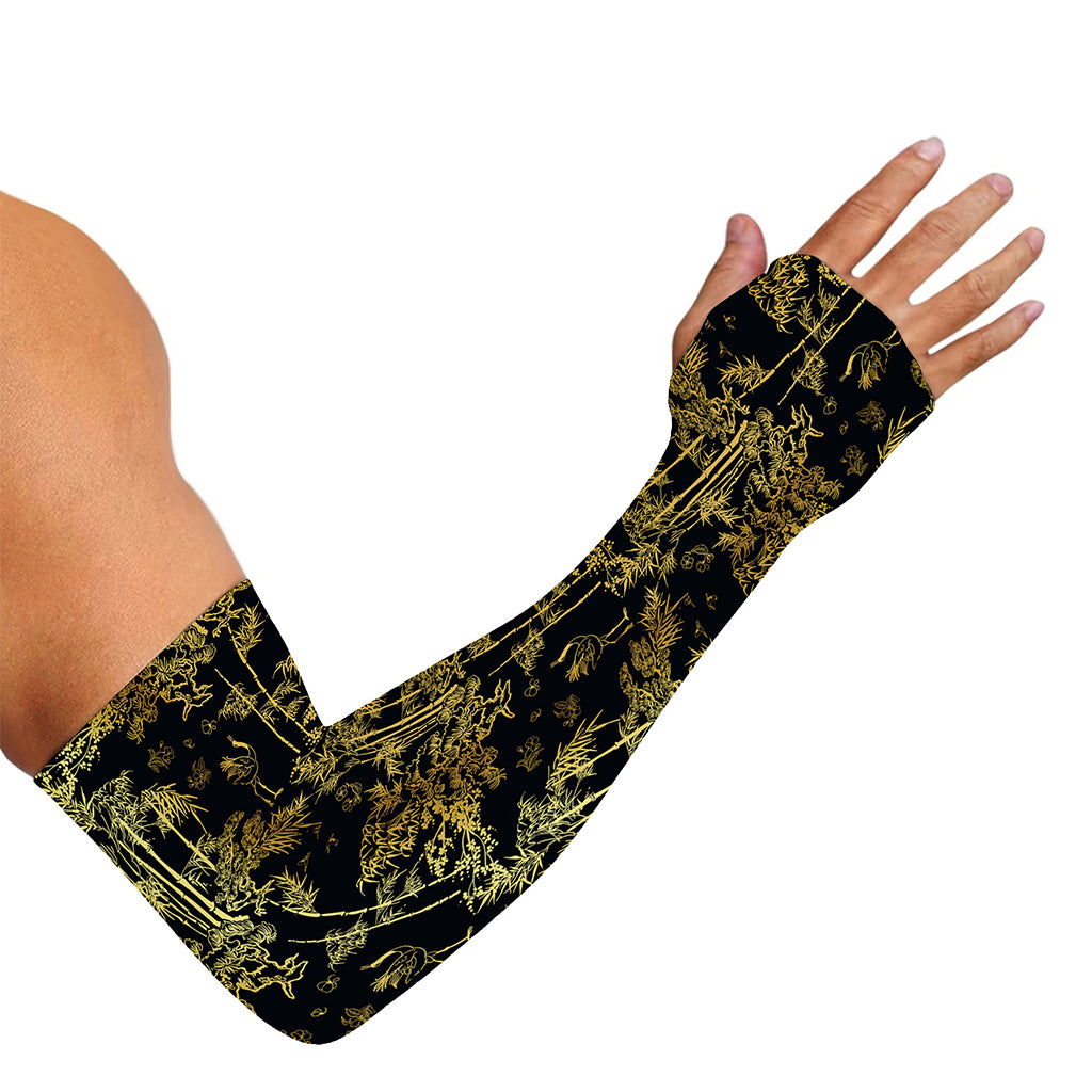 Gold And Black Japanese Bamboo Print Sun Protection Arm Sleeves