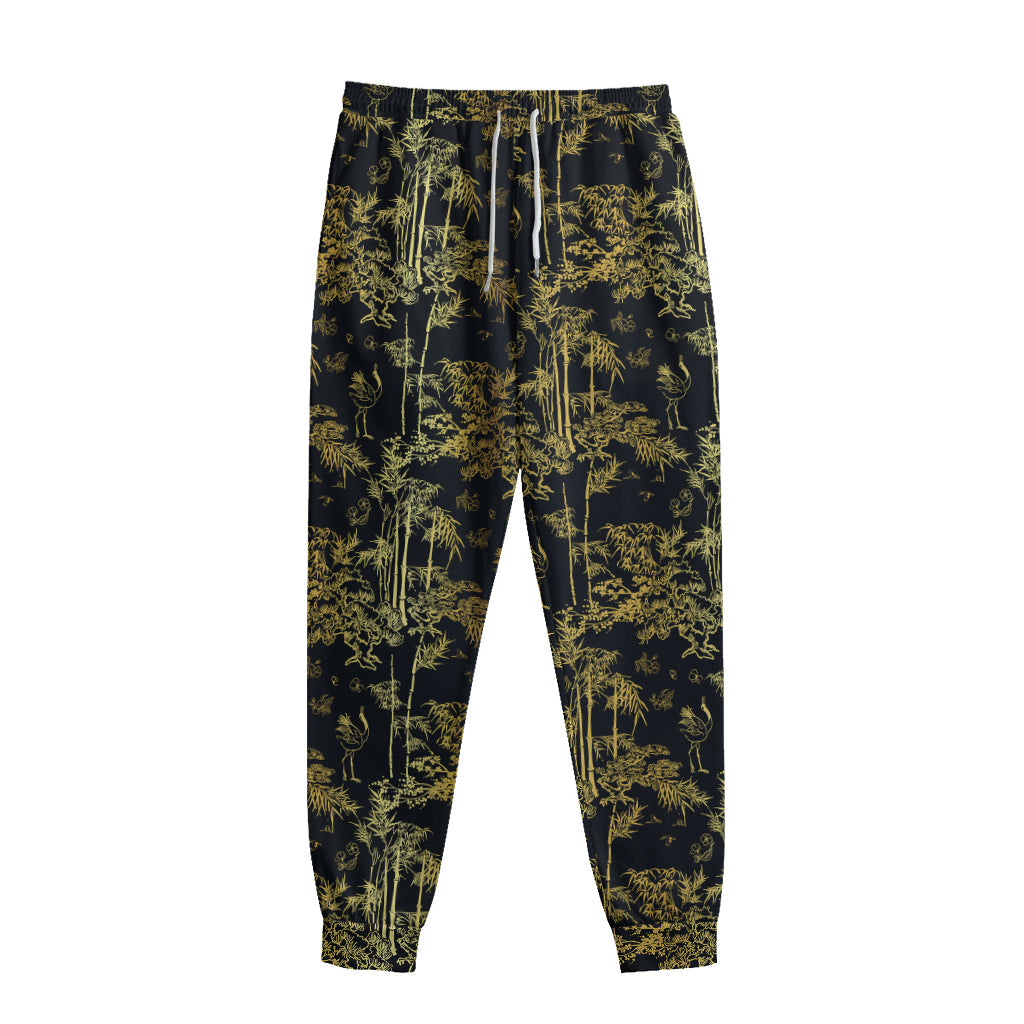 Gold And Black Japanese Bamboo Print Sweatpants