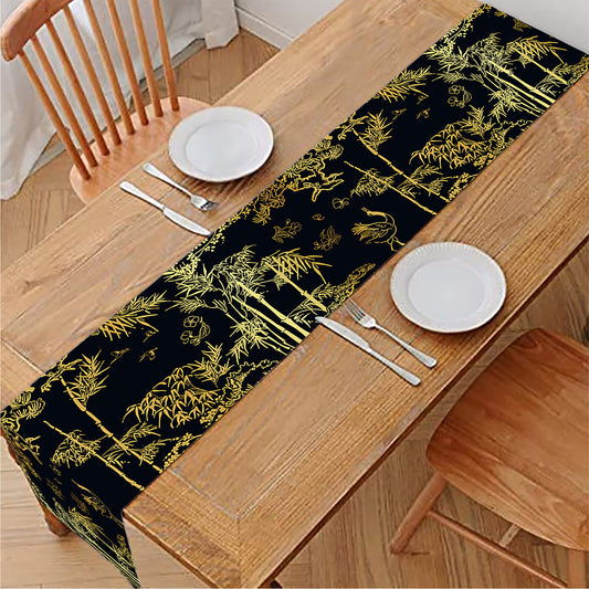 Gold And Black Japanese Bamboo Print Table Runner
