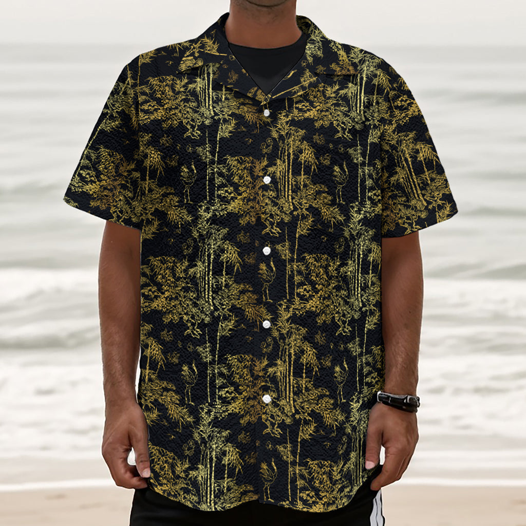 Gold And Black Japanese Bamboo Print Textured Short Sleeve Shirt