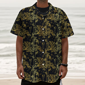 Gold And Black Japanese Bamboo Print Textured Short Sleeve Shirt