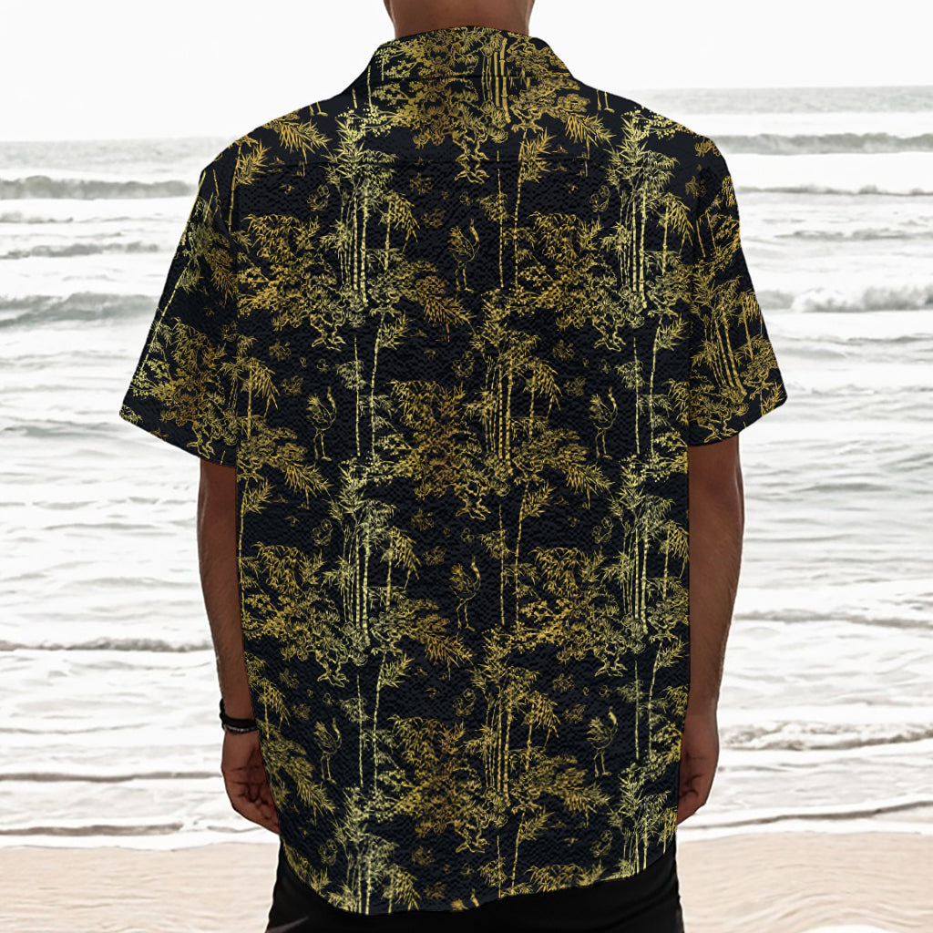 Gold And Black Japanese Bamboo Print Textured Short Sleeve Shirt