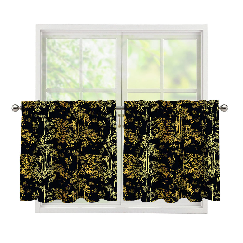 Gold And Black Japanese Bamboo Print Tier Curtains