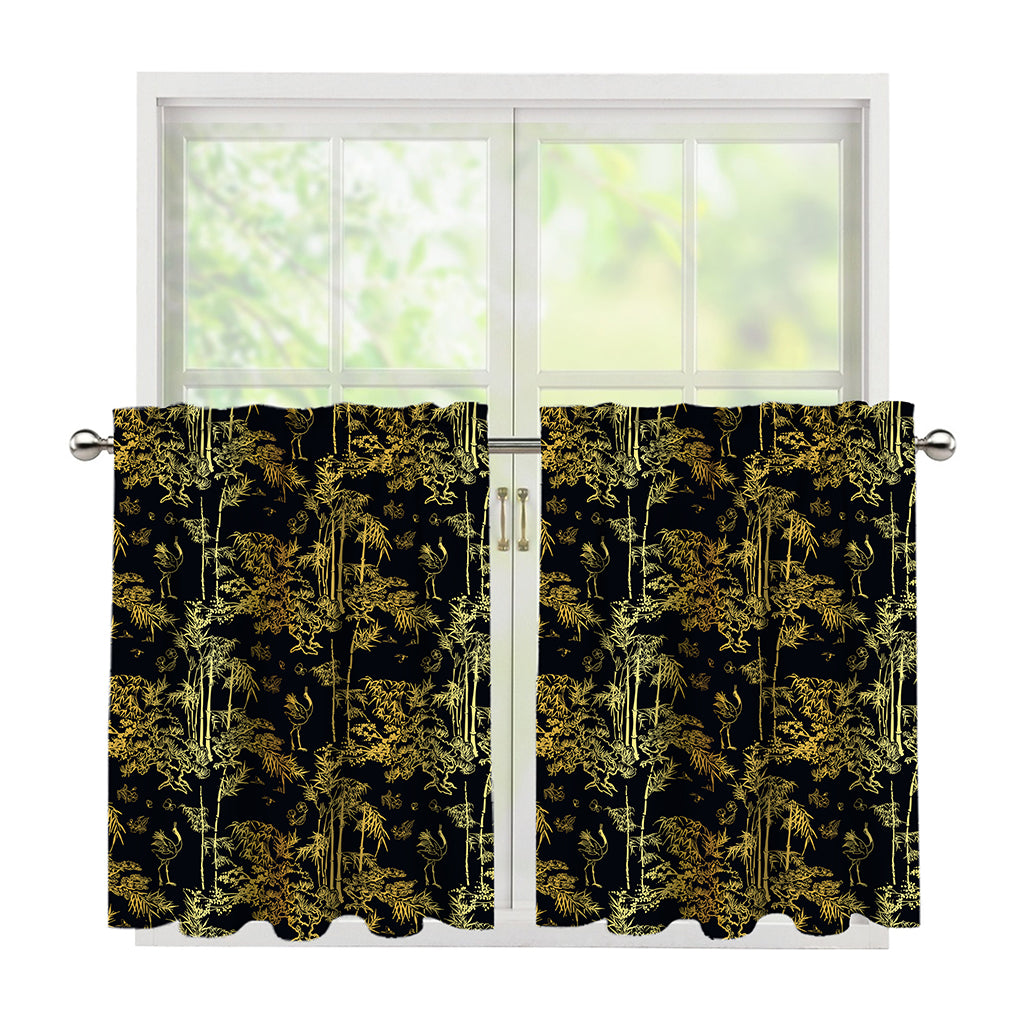 Gold And Black Japanese Bamboo Print Tier Curtains