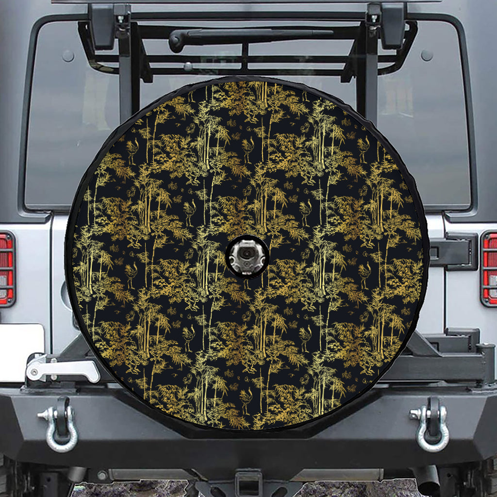 Gold And Black Japanese Bamboo Print Tire Cover With Camera Hole
