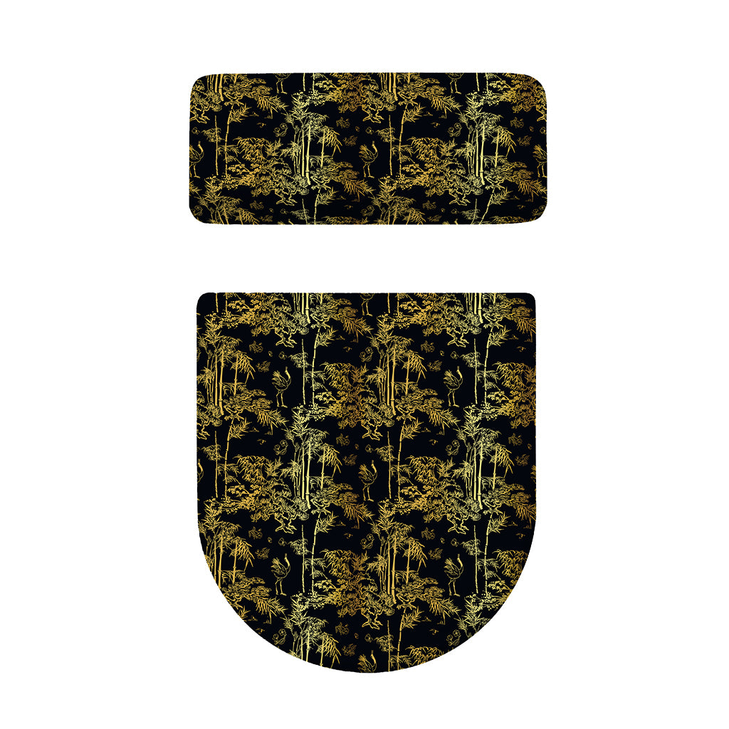 Gold And Black Japanese Bamboo Print Toilet Lid And Tank Cover Set