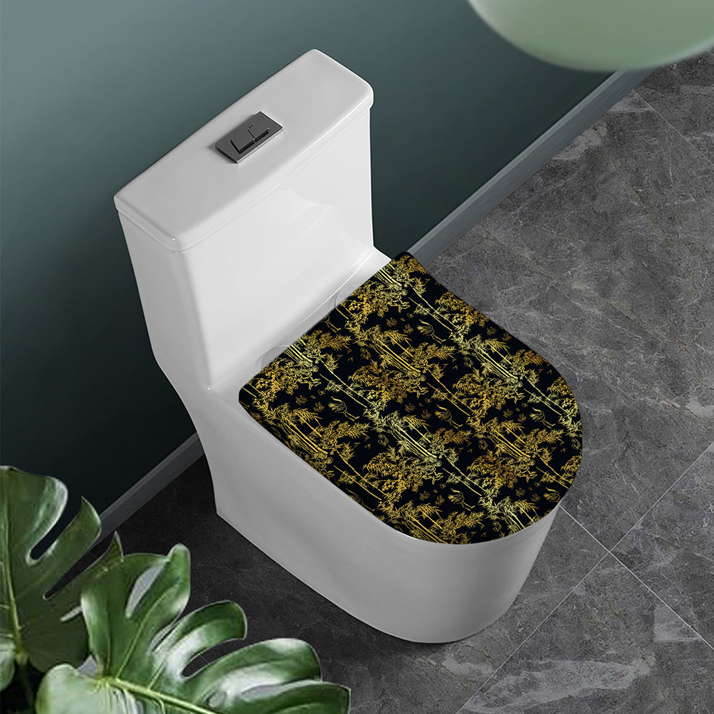Gold And Black Japanese Bamboo Print Toilet Lid Cover
