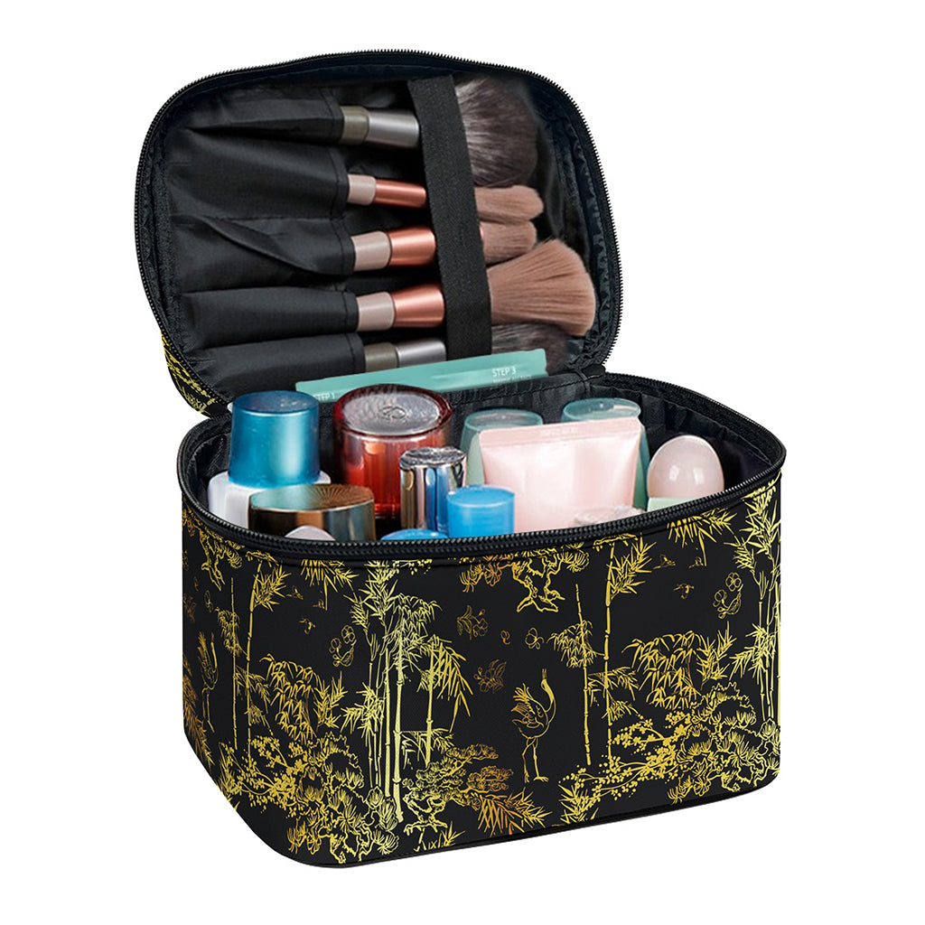 Gold And Black Japanese Bamboo Print Travel Makeup Bag