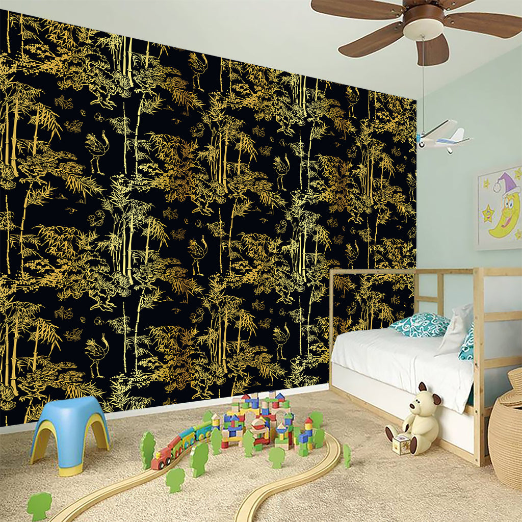 Gold And Black Japanese Bamboo Print Wall Sticker