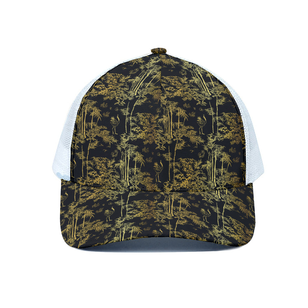 Gold And Black Japanese Bamboo Print White Mesh Trucker Cap