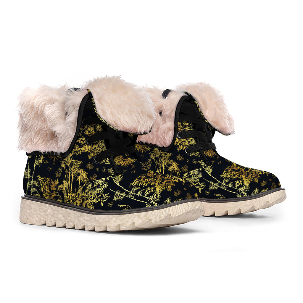 Gold And Black Japanese Bamboo Print Winter Boots