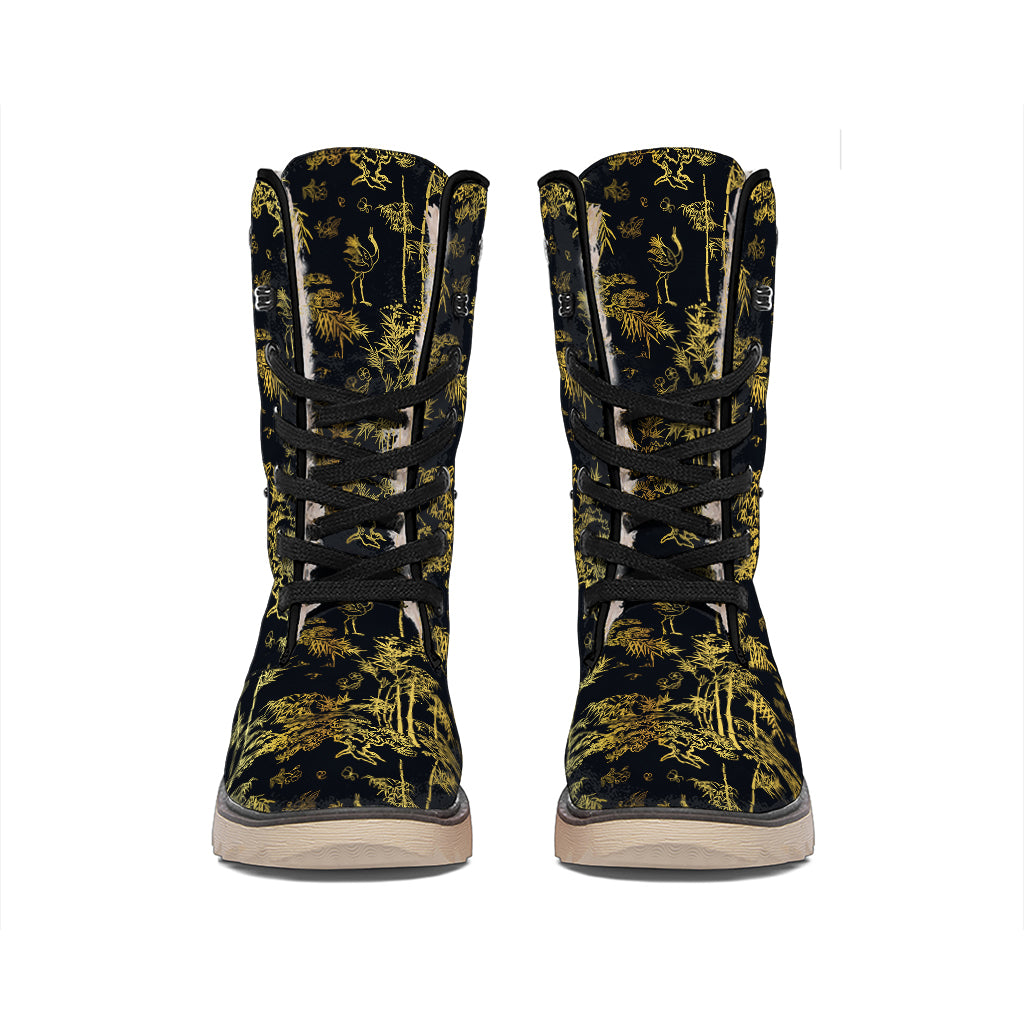 Gold And Black Japanese Bamboo Print Winter Boots