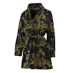 Gold And Black Japanese Bamboo Print Women's Bathrobe