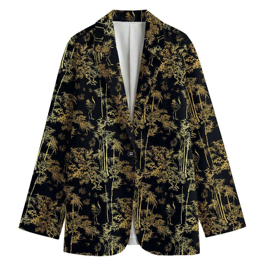 Gold And Black Japanese Bamboo Print Women's Blazer