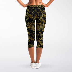 Gold And Black Japanese Bamboo Print Women's Capri Leggings