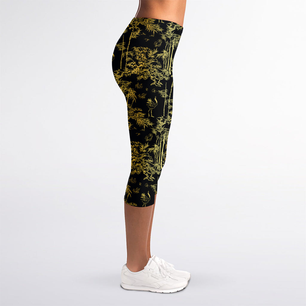 Gold And Black Japanese Bamboo Print Women's Capri Leggings