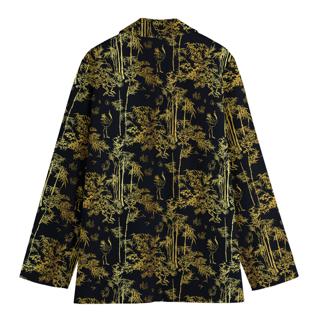 Gold And Black Japanese Bamboo Print Women's Cotton Blazer