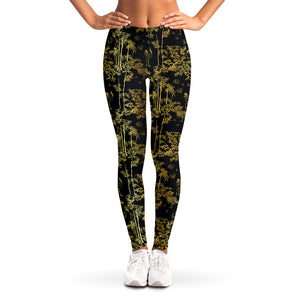 Gold And Black Japanese Bamboo Print Women's Leggings