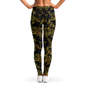 Gold And Black Japanese Bamboo Print Women's Leggings