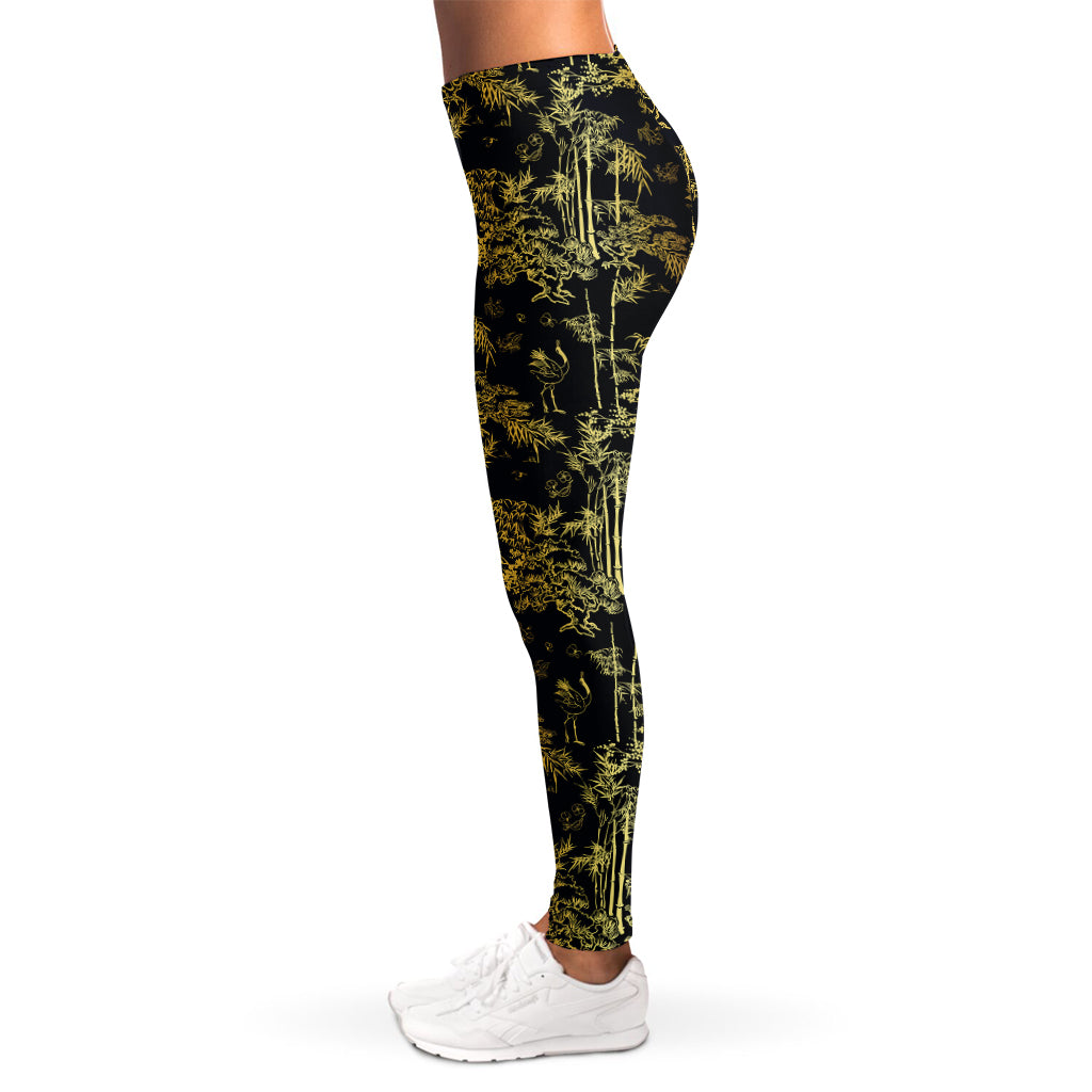 Gold And Black Japanese Bamboo Print Women's Leggings