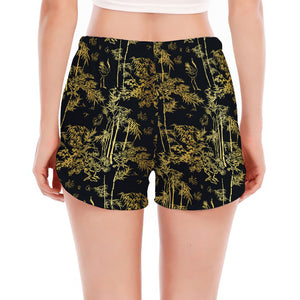 Gold And Black Japanese Bamboo Print Women's Split Running Shorts