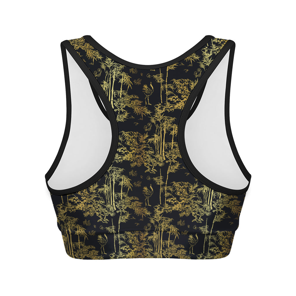 Gold And Black Japanese Bamboo Print Women's Sports Bra