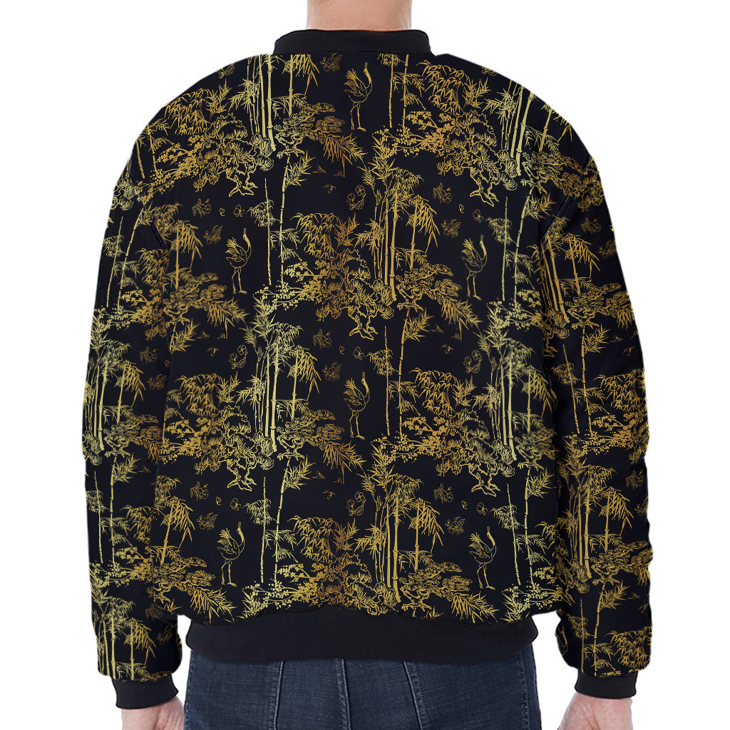 Gold And Black Japanese Bamboo Print Zip Sleeve Bomber Jacket