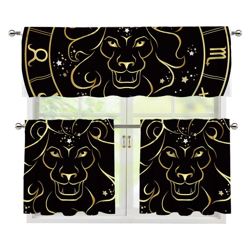 Gold And Black Leo Sign Print 3 Piece Kitchen Curtains
