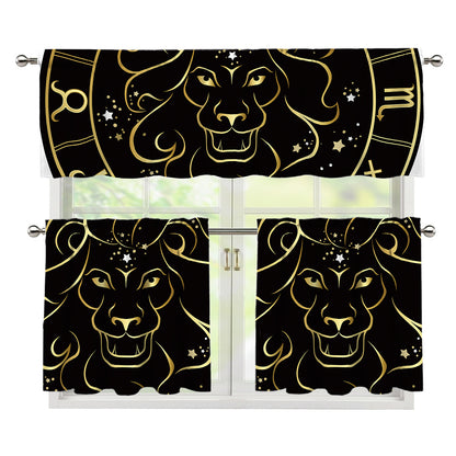 Gold And Black Leo Sign Print 3 Piece Kitchen Curtains