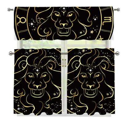 Gold And Black Leo Sign Print 3 Piece Kitchen Curtains