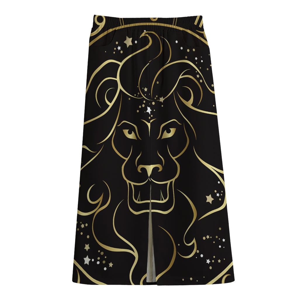 Gold And Black Leo Sign Print Cotton Front Slit Maxi Skirt