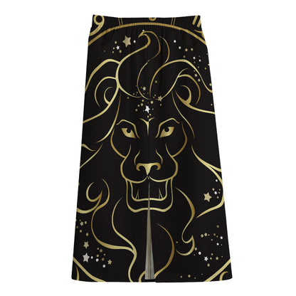 Gold And Black Leo Sign Print Cotton Front Slit Maxi Skirt