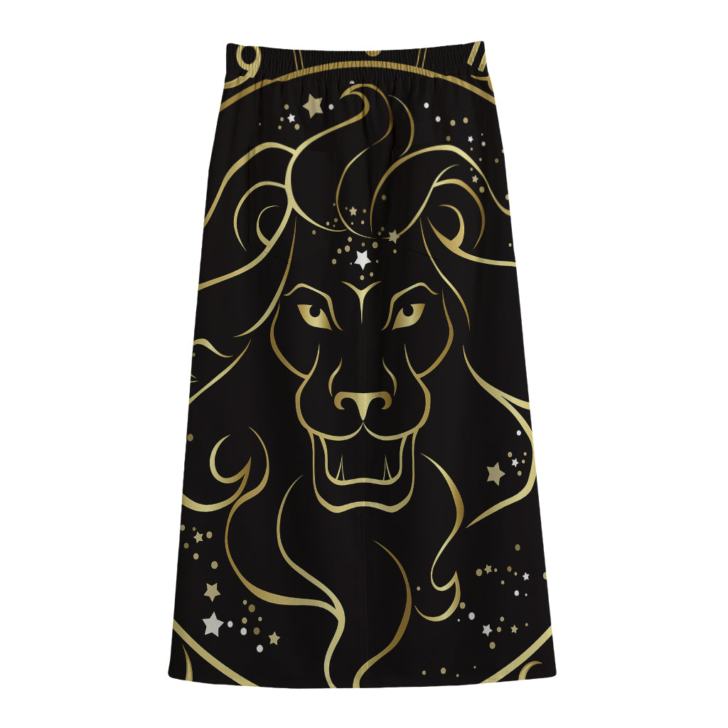Gold And Black Leo Sign Print Cotton Front Slit Maxi Skirt
