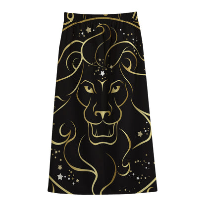 Gold And Black Leo Sign Print Cotton Front Slit Maxi Skirt