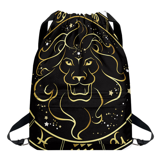 Gold And Black Leo Sign Print Drawstring Backpack