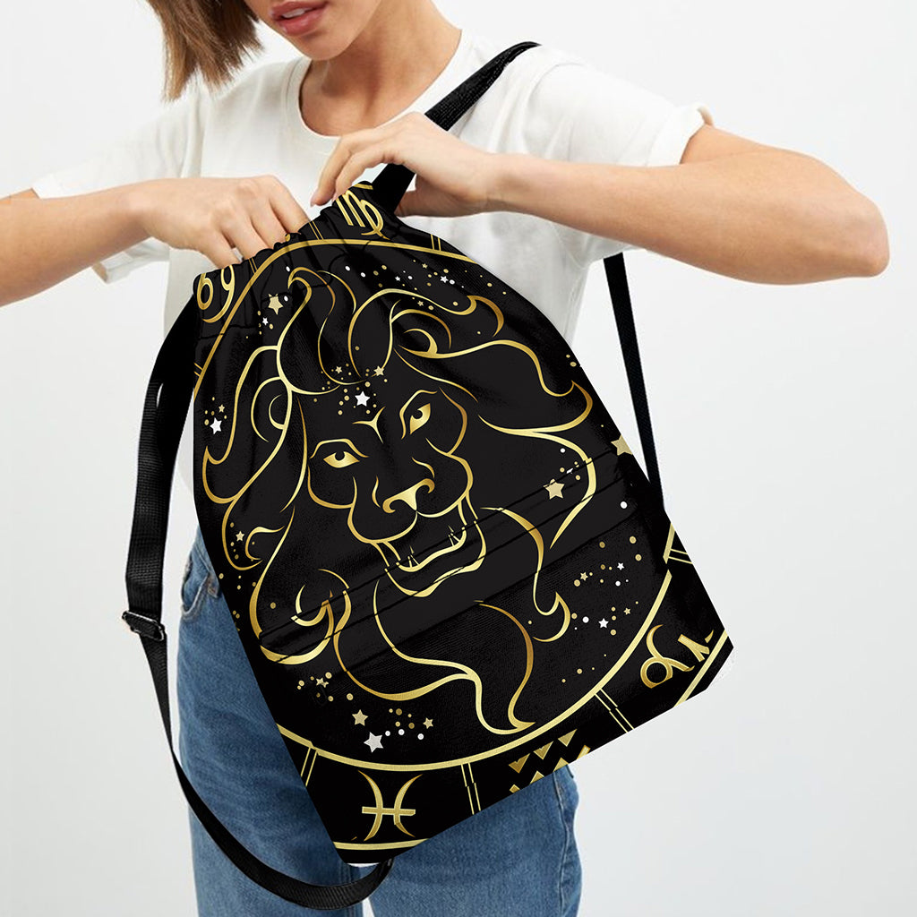 Gold And Black Leo Sign Print Drawstring Backpack