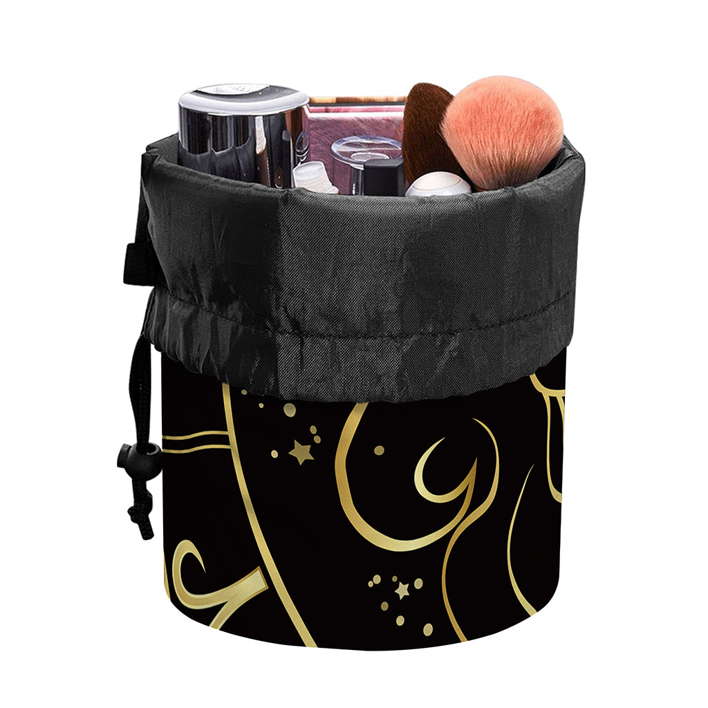 Gold And Black Leo Sign Print Drawstring Makeup Bag