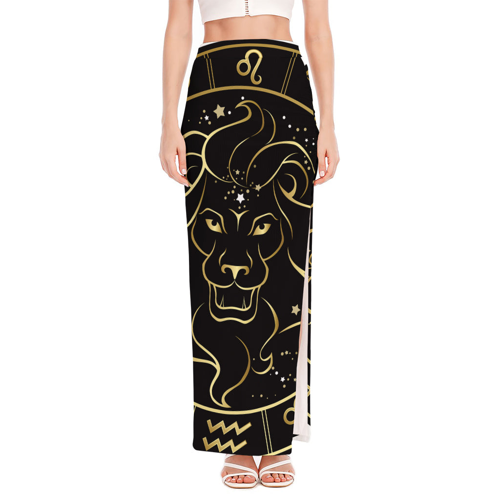 Gold And Black Leo Sign Print High Slit Maxi Skirt